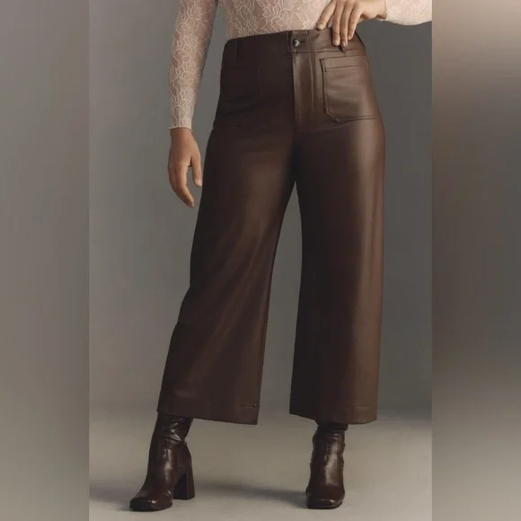 Anthropologie Maeve The Colette Faux Leather Chocolate Brown Crop Pants Size 28 - Picture 1 of 10
